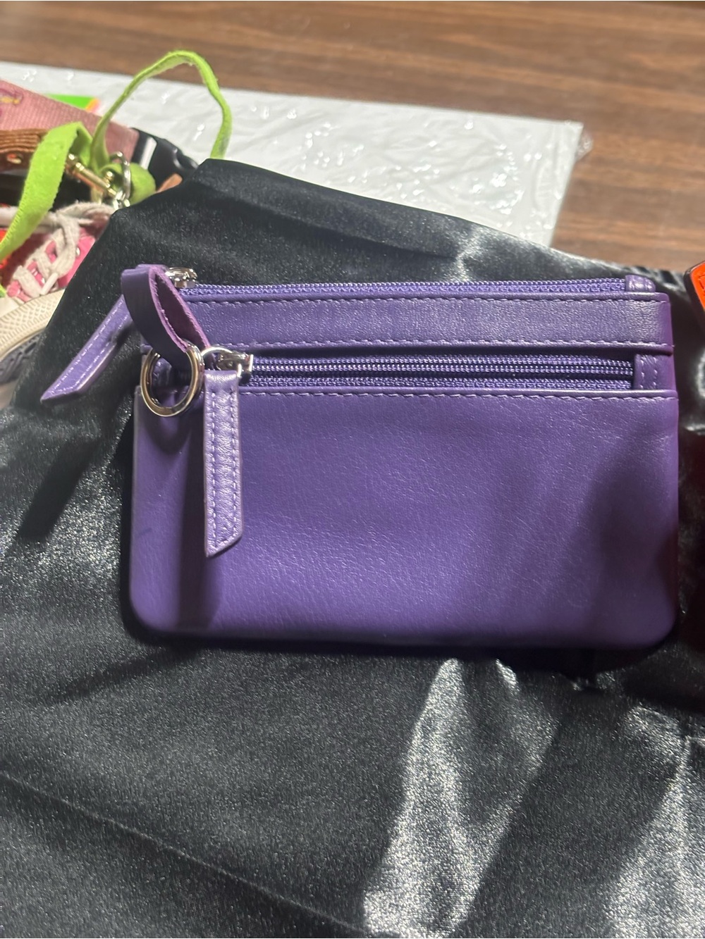 RFID Pouch Purple Soft Leather Zip Top and Keychain